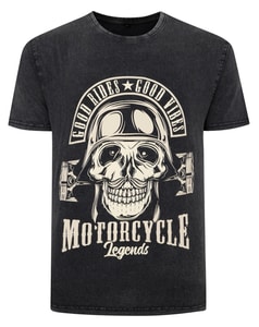 Bigdude – T-Shirt mit Acid-Wash-Totenkopf-Print, verwaschenes Schwarz, große Größe